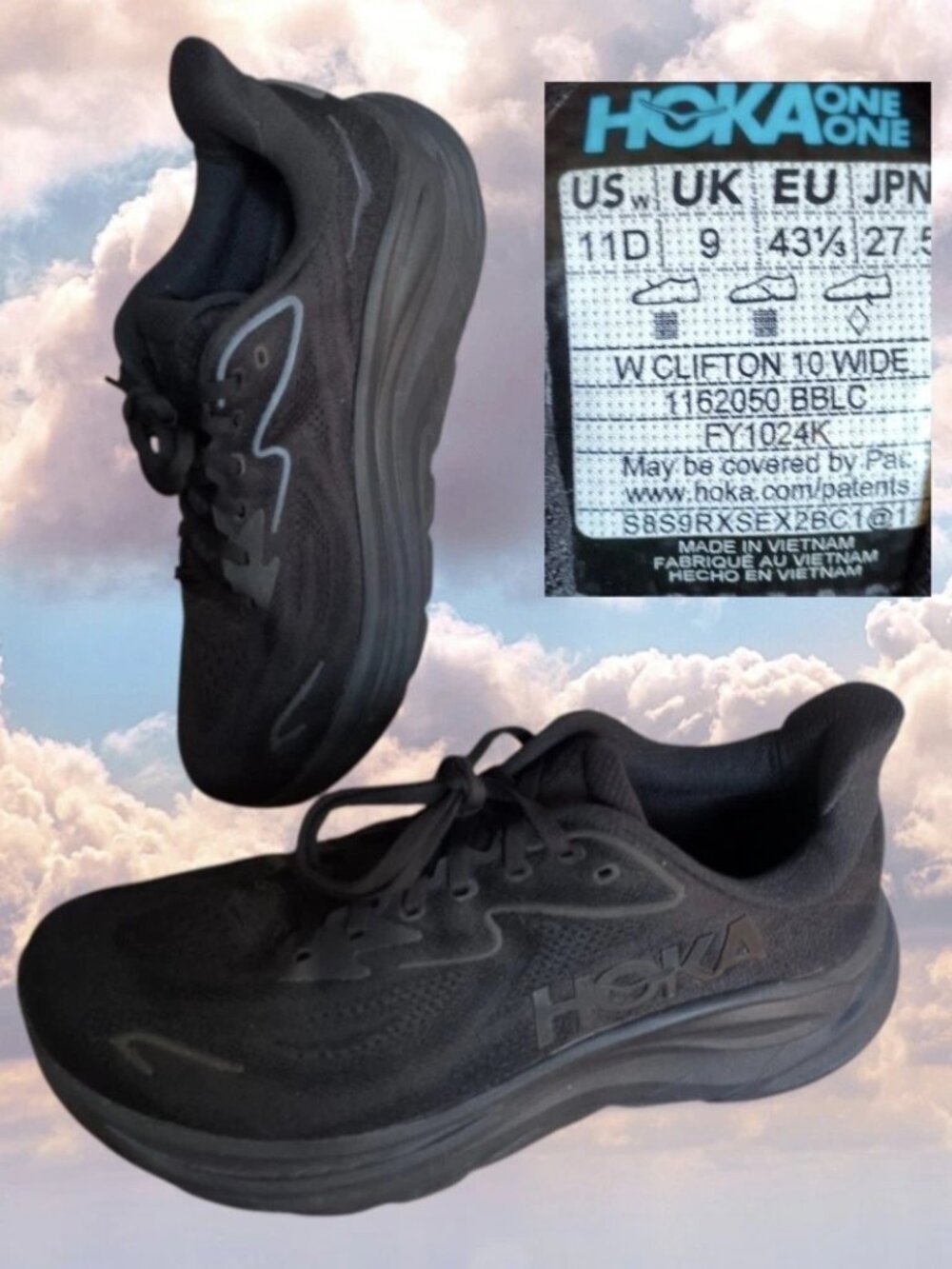 Hoka One One W Clifton 10 Triple Black Womens Running Shoes Sneakers Sz 11D WIDE